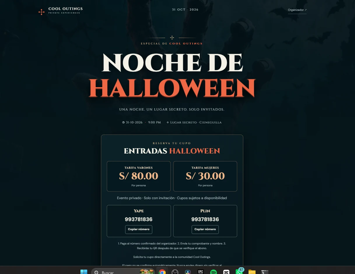 Captura de la página web de Cool Outings con estilo Halloween y tarifas visibles